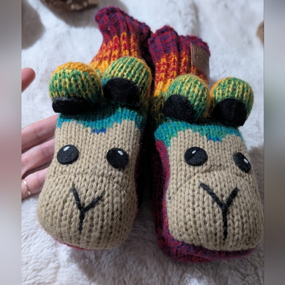 Colorful Llama Wool Mix Knit Mittens for Kids Youth Rainbow Monkey Handmade